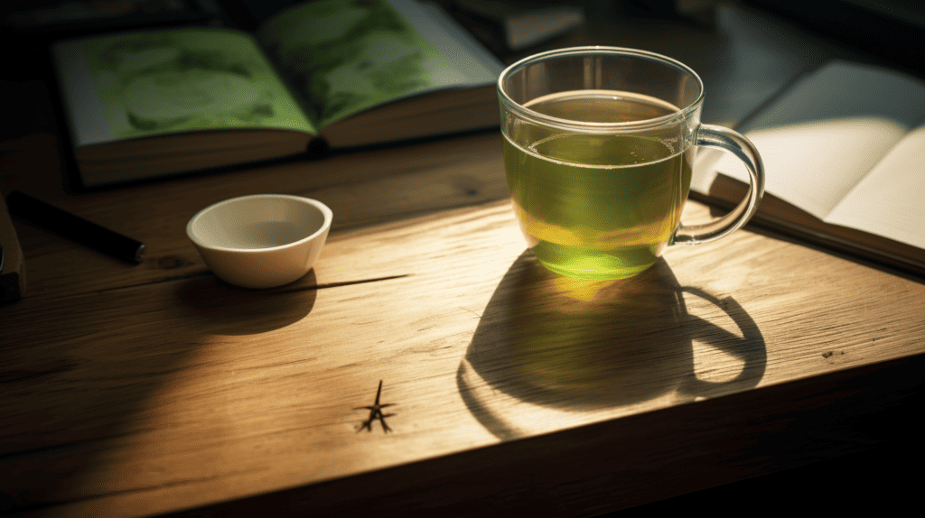 Green Tea Vs Coffee For Studying.  Cup of tea on desk.