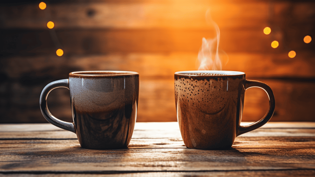 Embrace the unique characteristics of light roast coffee.  Two steaming coffee cups