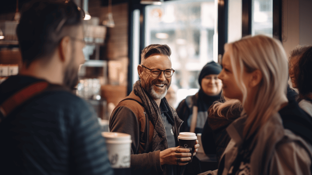 Moderation is key for coffee and energy drinks.  Man drinking coffee in shop.