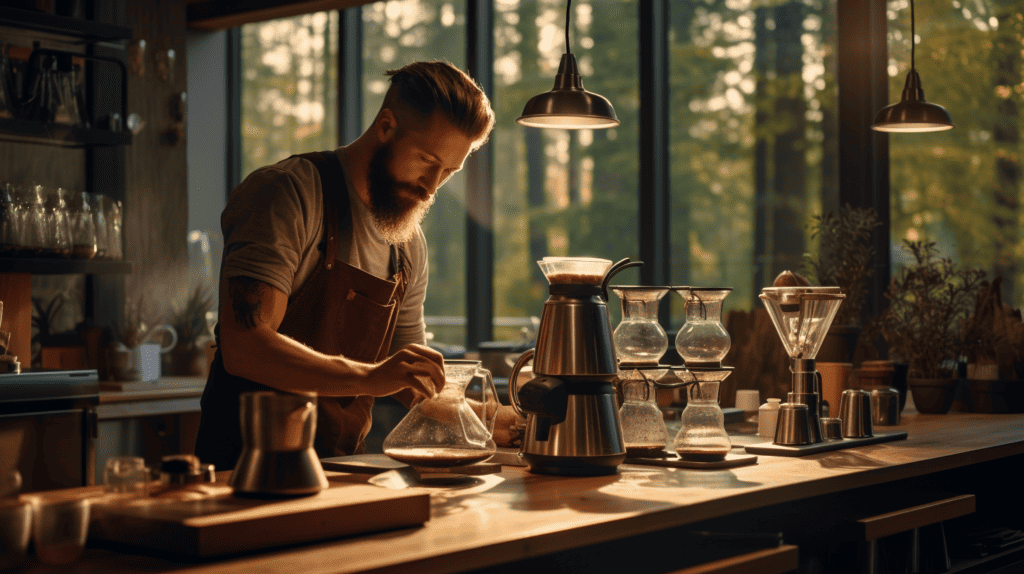 Coffee's Influence on Mood and Happiness. man at coffee show counter