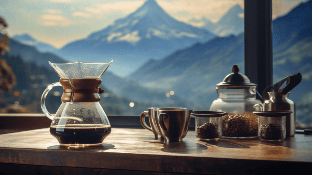 Hawaiian Aroma Caffe.  Coffee makers on table in front of mountain range.