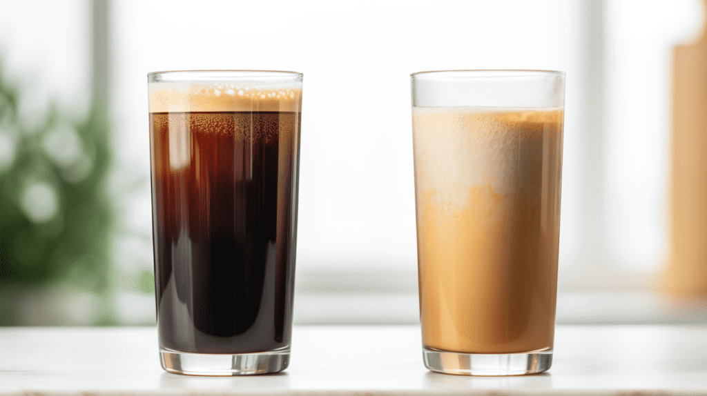 Coffee: Can be enjoyed black or with added milk and sugar. Difference Between Coffee And Latte in two different glasses on kitchen counter.