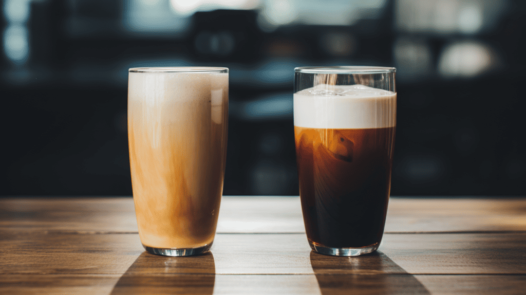 Which Is Better Milk Tea Or Coffee.  Two glasses on a table of milk tea and coffee.