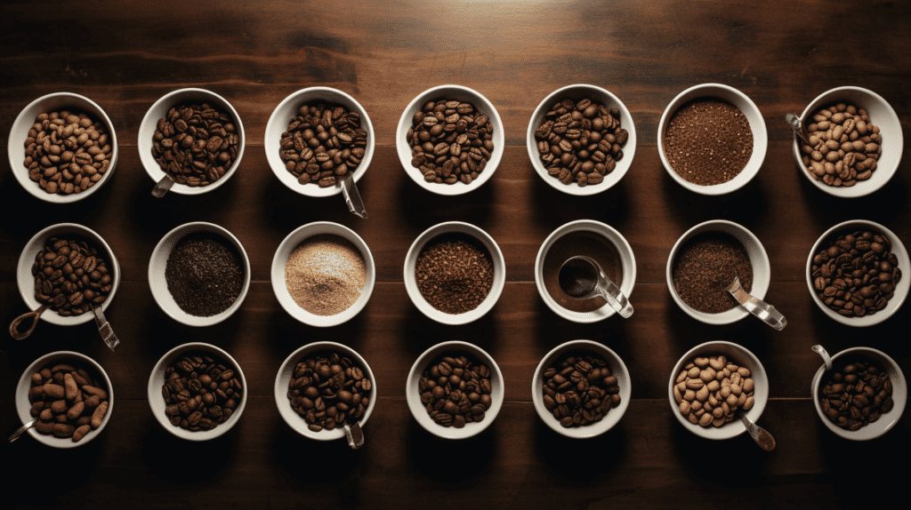 Different roasts of coffee beans used in a coffee shop.