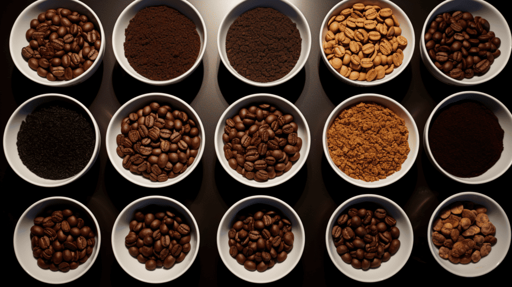 Sumatran coffee beans.  Coffee with different flavor notes in bowls.