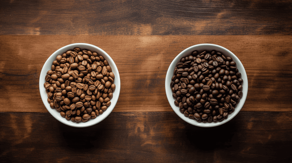 Roast level on Best Coffee Beans For Beginners.  Two bowls of coffee beans