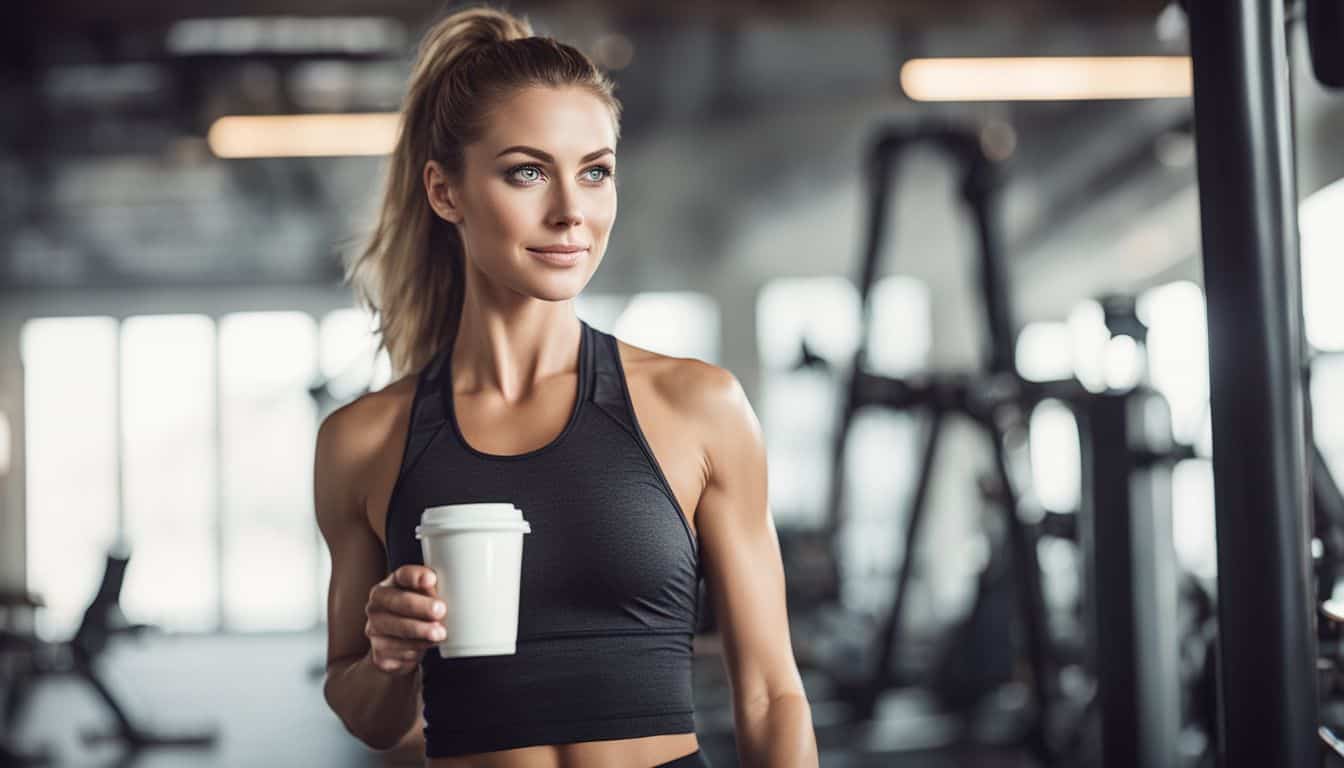 Coffee Before Or After Workout. Woman drinking coffee in a gym