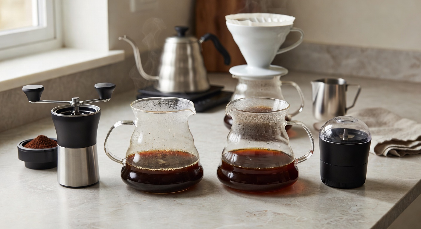 Supporting image of coffee brewing setup on a warm busy barista home counter.