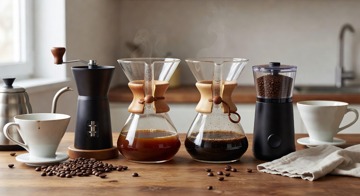 Supporting image of coffee brewing setup on a warm busy barista home counter.