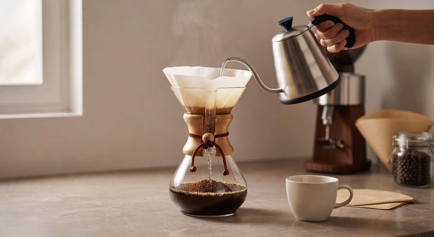 Supporting image of coffee brewing setup on a warm busy barista home counter.