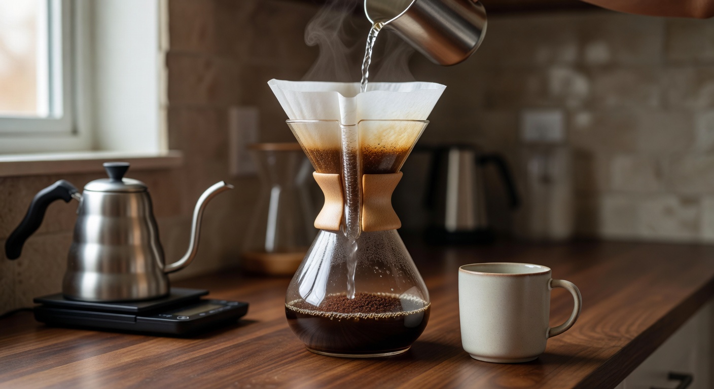 Supporting image of coffee brewing setup on a warm busy barista home counter.