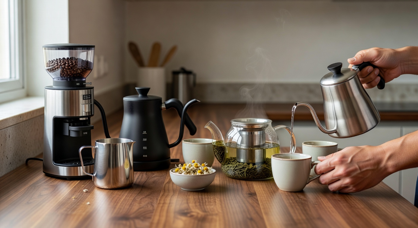Supporting image of coffee brewing setup on a warm busy barista home counter.