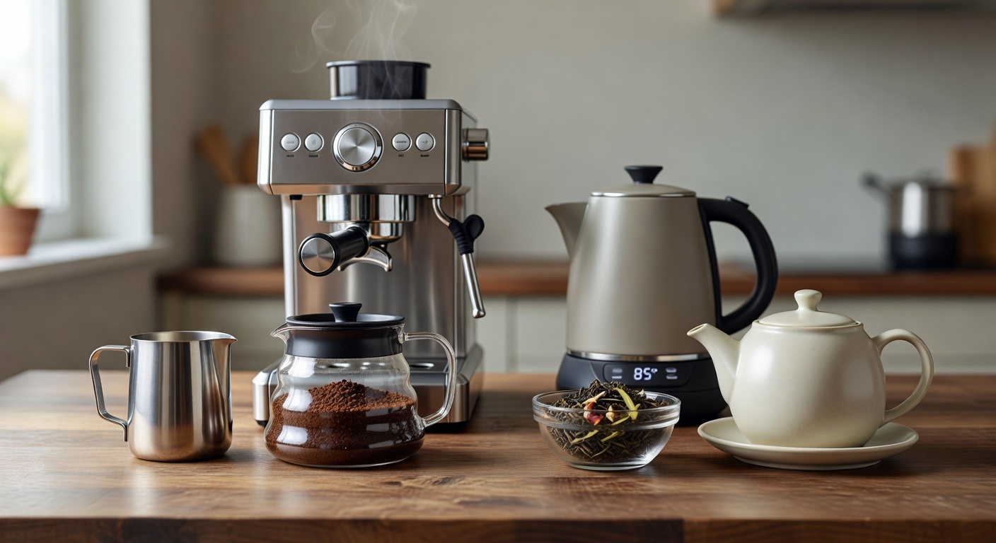Supporting image of coffee brewing setup on a warm busy barista home counter.