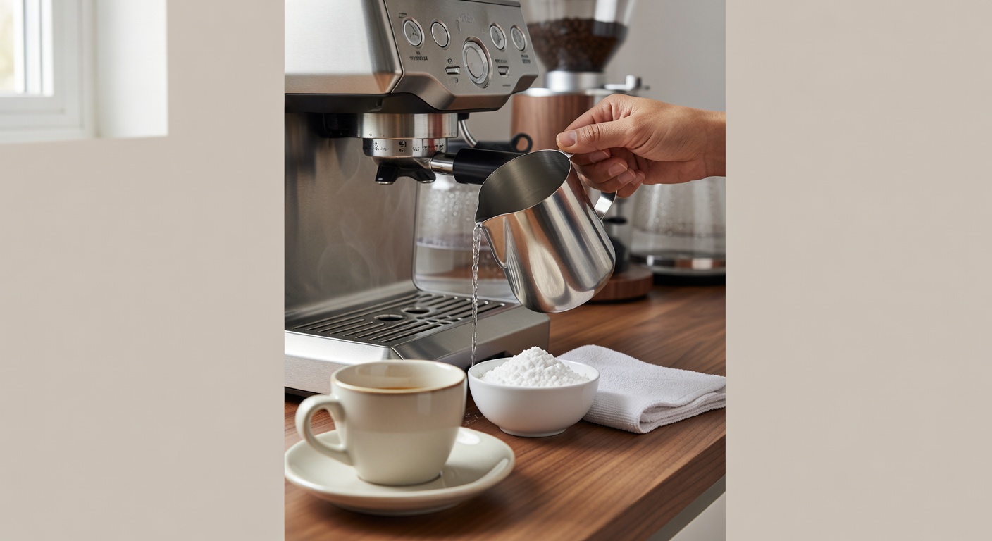 Supporting image of home espresso setup with coffee gear on a warm busy barista counter.