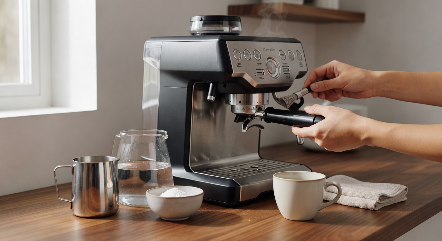 Supporting image of home espresso setup with coffee gear on a warm busy barista counter.
