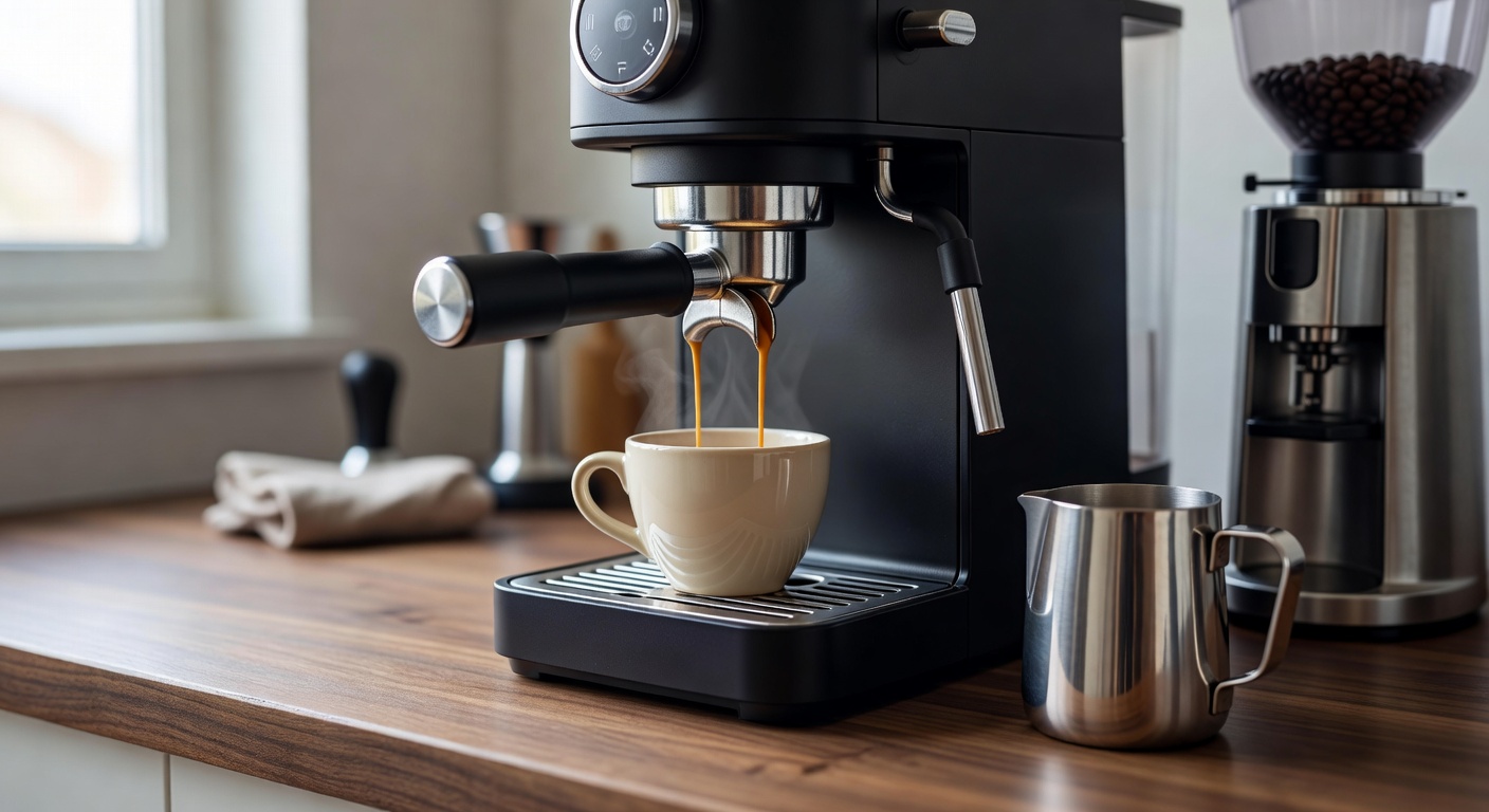 Supporting image of home espresso setup with coffee gear on a warm busy barista counter.