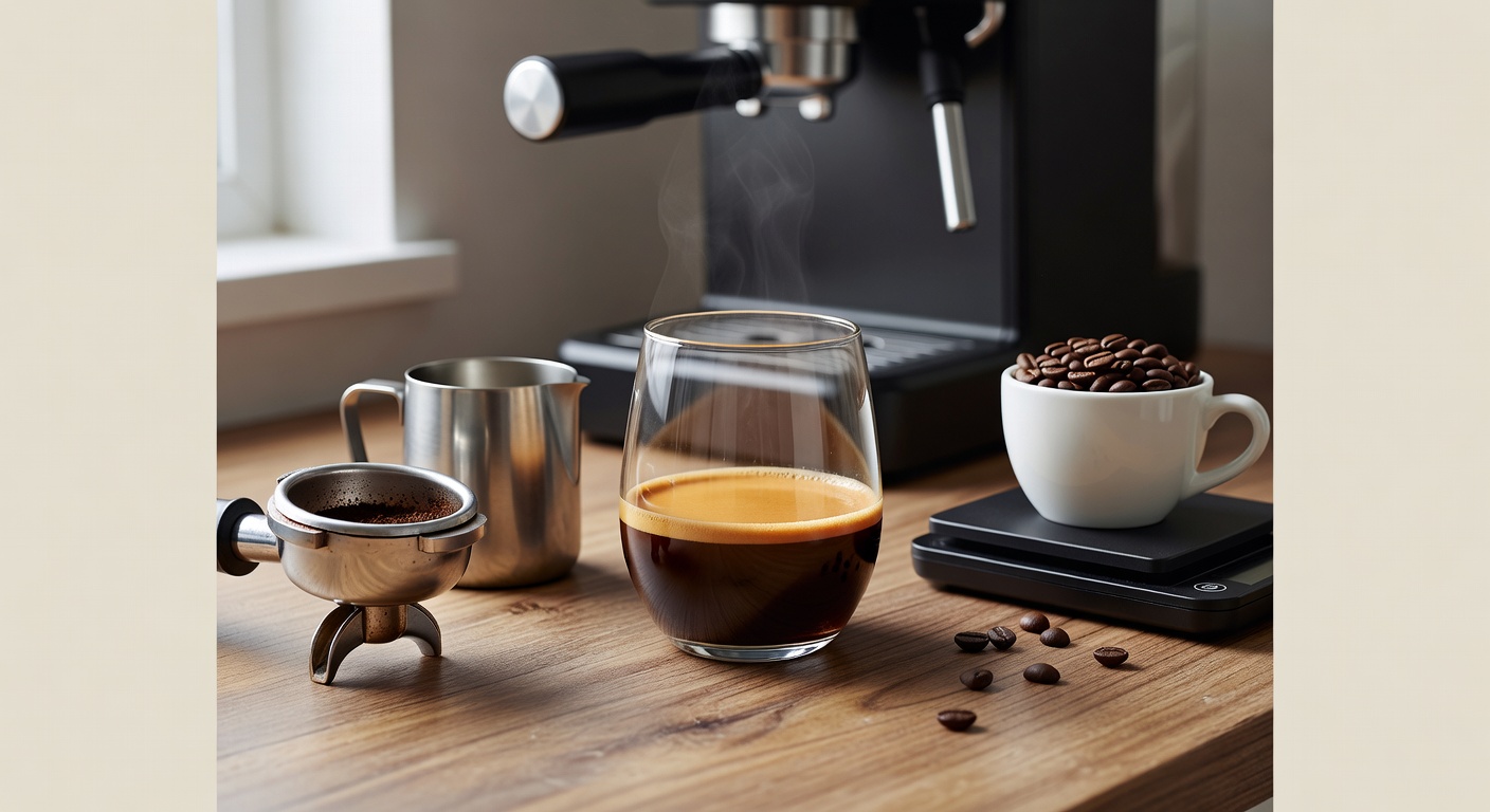 Supporting image of home espresso setup with coffee gear on a warm busy barista counter.