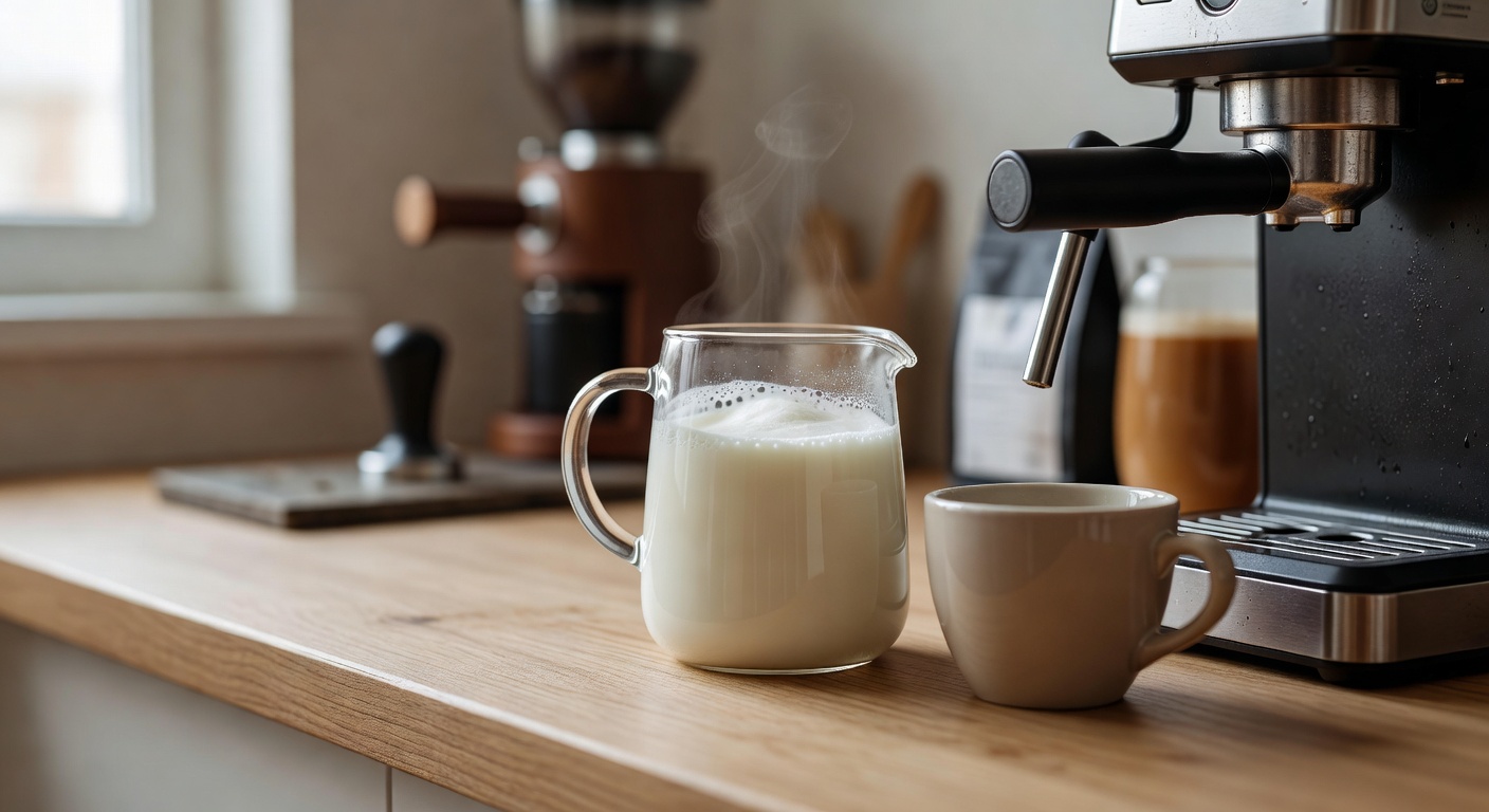 Supporting image of steamed milk beside an espresso machine on a home coffee station.