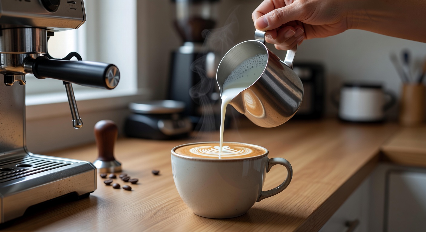 Supporting image of milk pouring into espresso to form latte art on a home coffee counter.