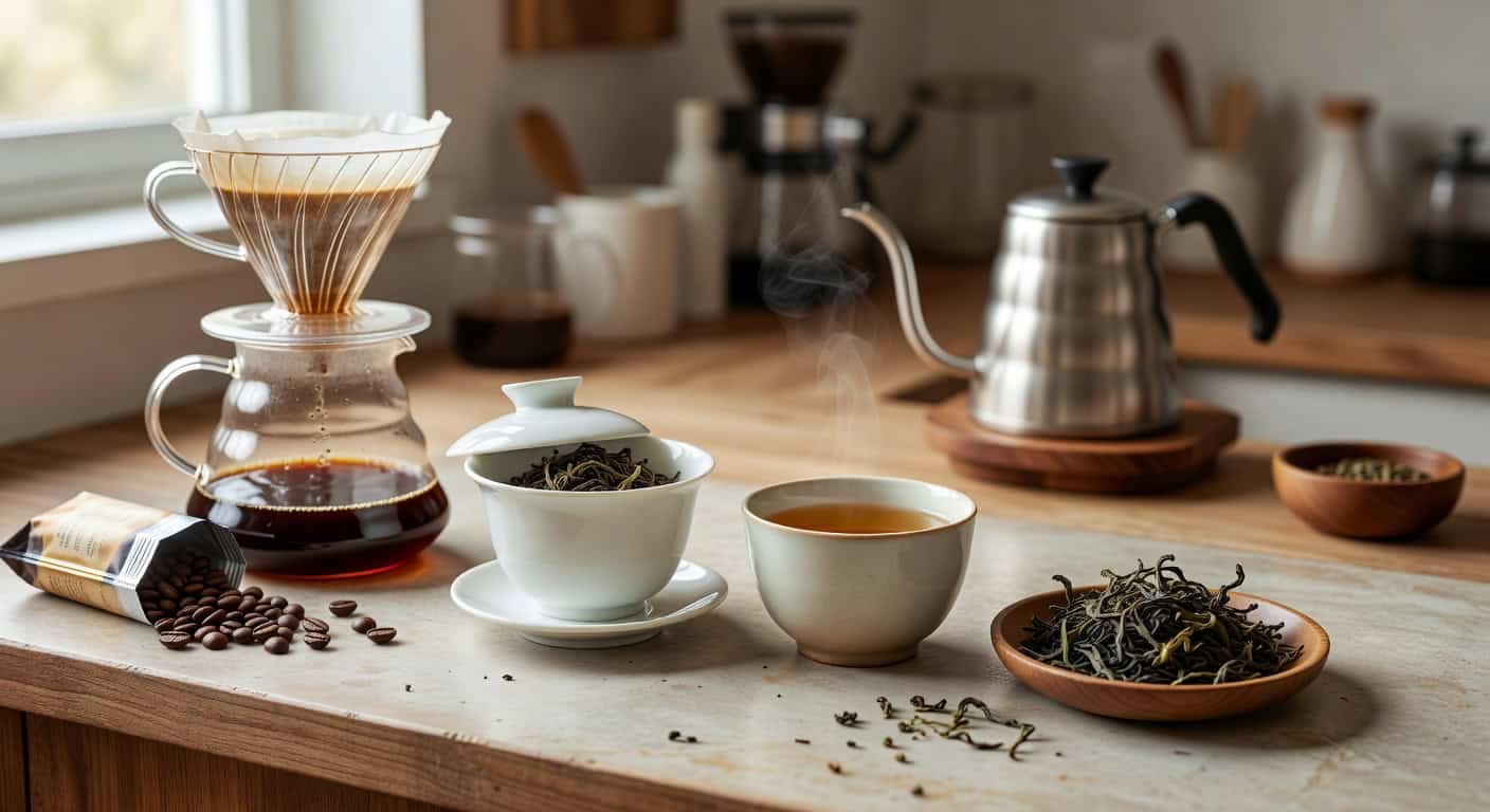 Supporting image of amber oolong tea with loose leaves on a warm home brewing counter.