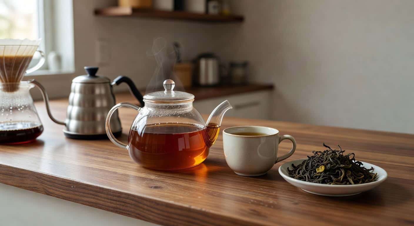 Supporting image of amber oolong tea with loose leaves on a warm home brewing counter.
